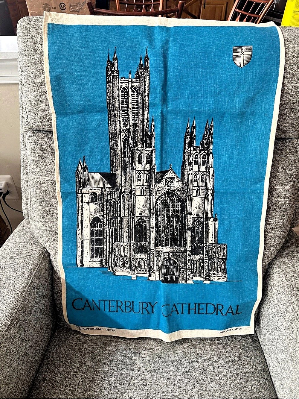 Cathedral Gifts Canterbury Cathedral Souvenir Tea Towel in Blue & White
